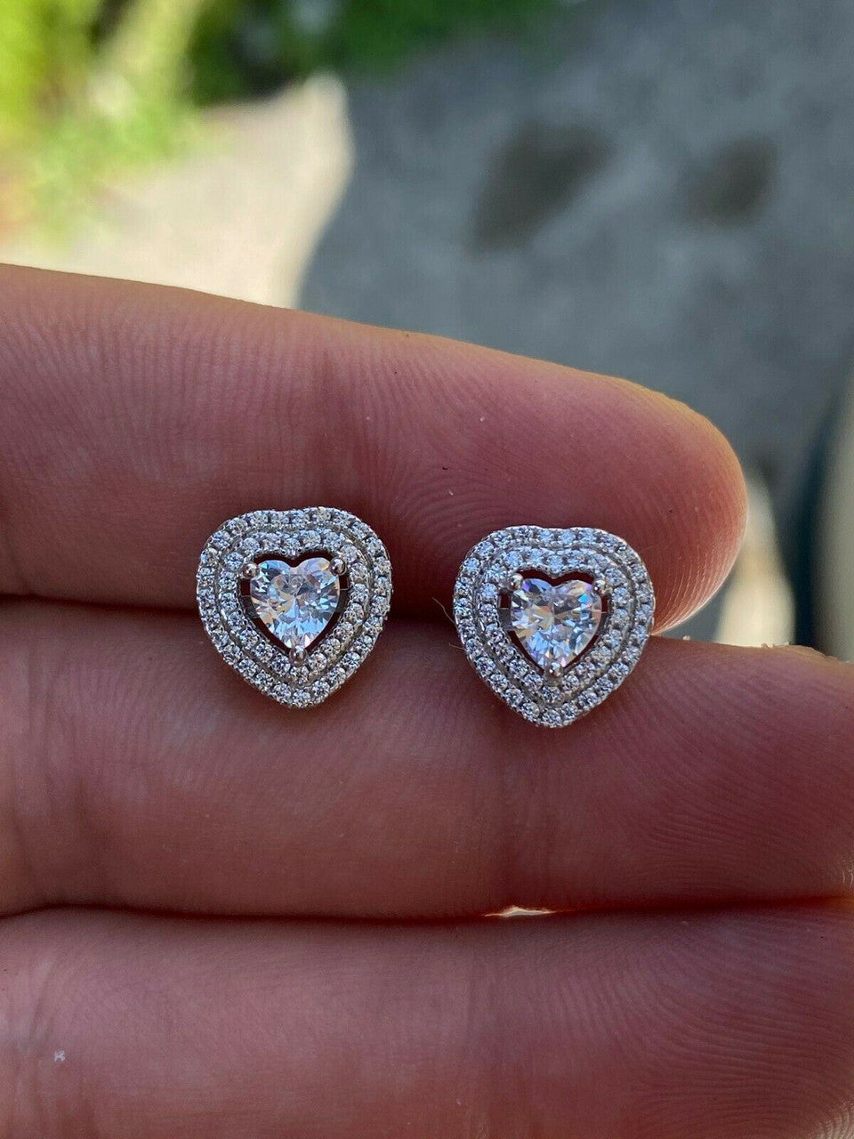 HarlemBling Real 925 Sterling Silver Heart Shape Earrings Large Diamond Studs Iced Ladies