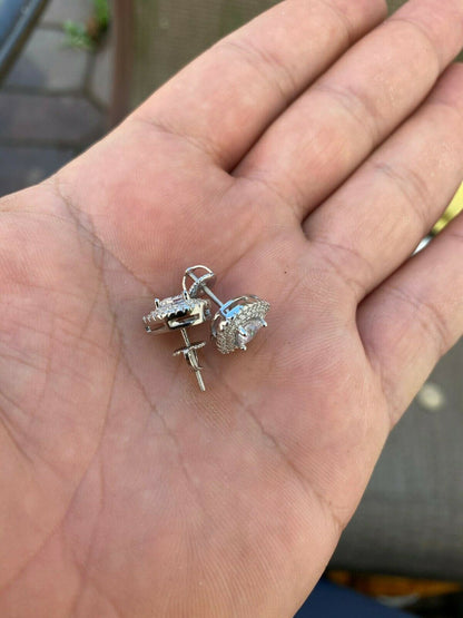 HarlemBling Real 925 Sterling Silver Heart Shape Earrings Large Diamond Studs Iced Ladies