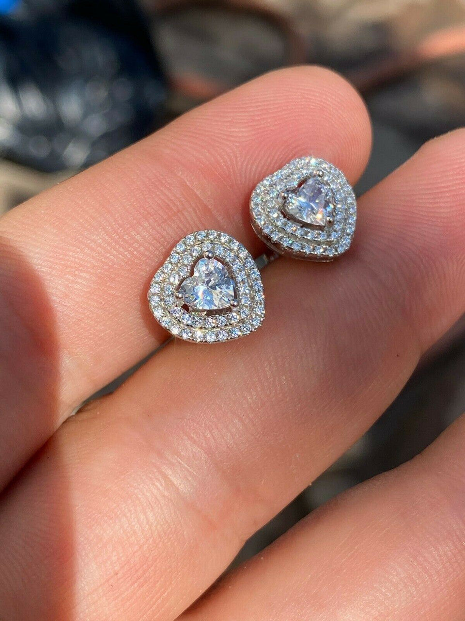 HarlemBling Real 925 Sterling Silver Heart Shape Earrings Large Diamond Studs Iced Ladies