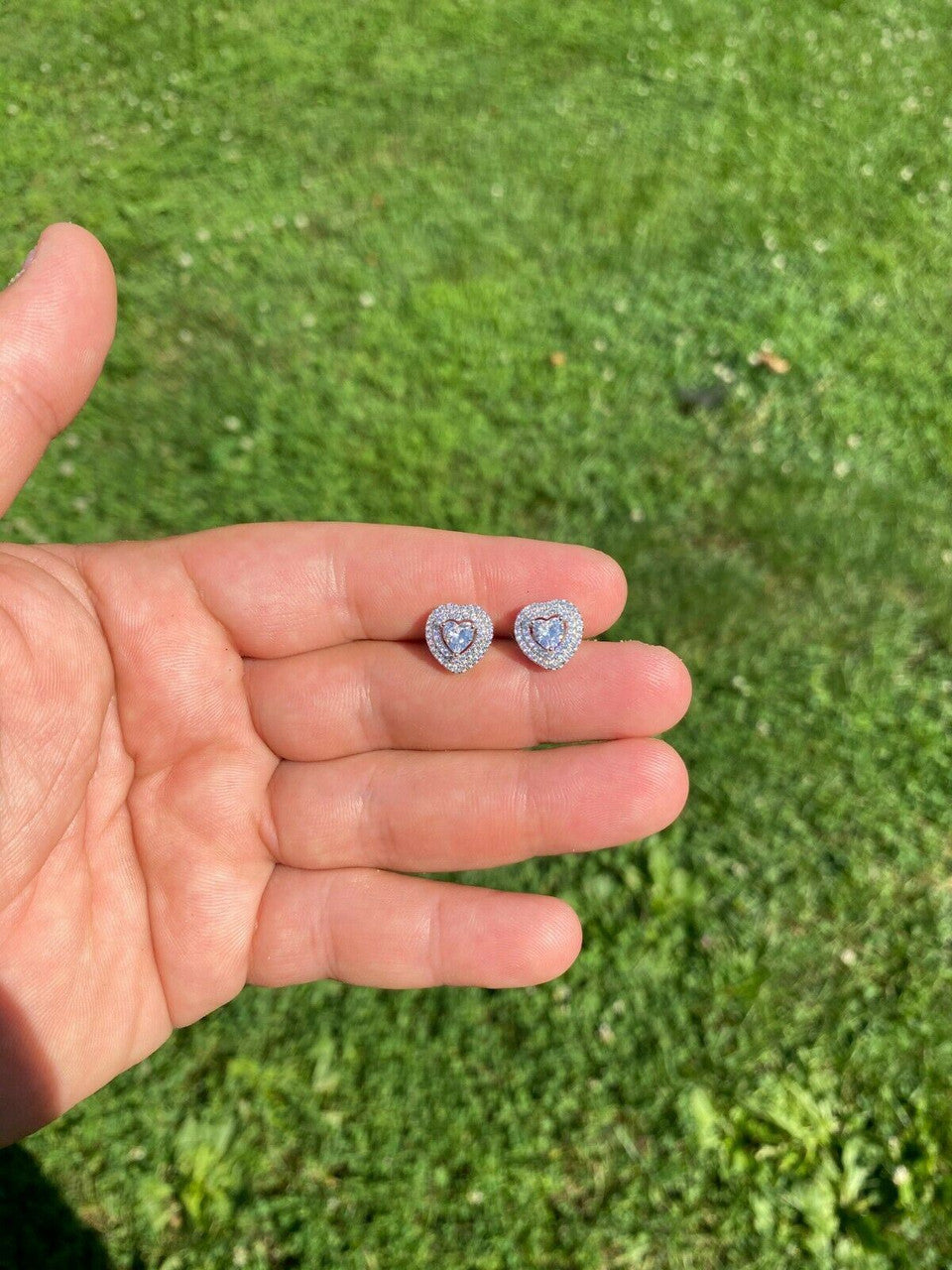 HarlemBling Real 925 Sterling Silver Heart Shape Earrings Large Diamond Studs Iced Ladies