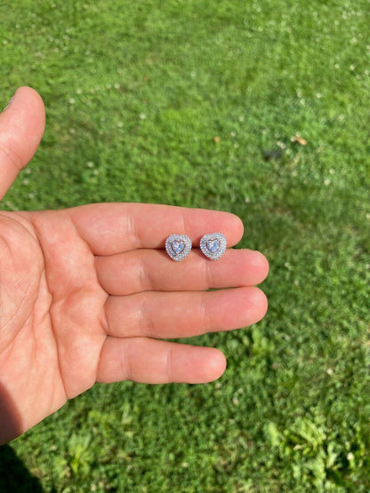 HarlemBling Real 925 Sterling Silver Heart Shape Earrings Large Diamond Studs Iced Ladies