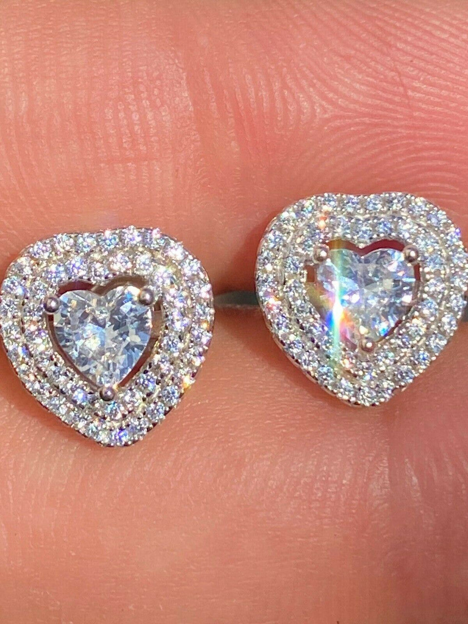HarlemBling Real 925 Sterling Silver Heart Shape Earrings Large Diamond Studs Iced Ladies