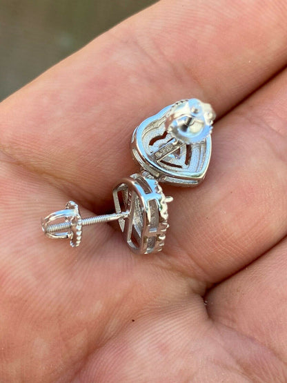 HarlemBling Real 925 Sterling Silver Heart Shape Earrings Large Diamond Studs Iced Ladies