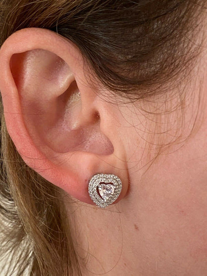 HarlemBling Real 925 Sterling Silver Heart Shape Earrings Large Diamond Studs Iced Ladies