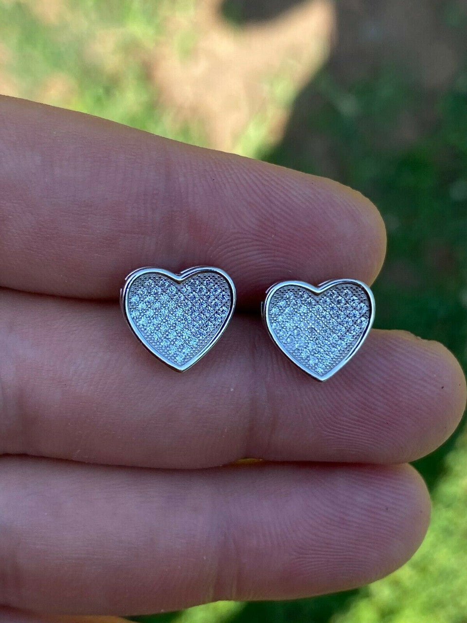 HarlemBling Real 925 Sterling Silver Heart Shaped Earrings Large Diamond Studs Iced Hip Hop