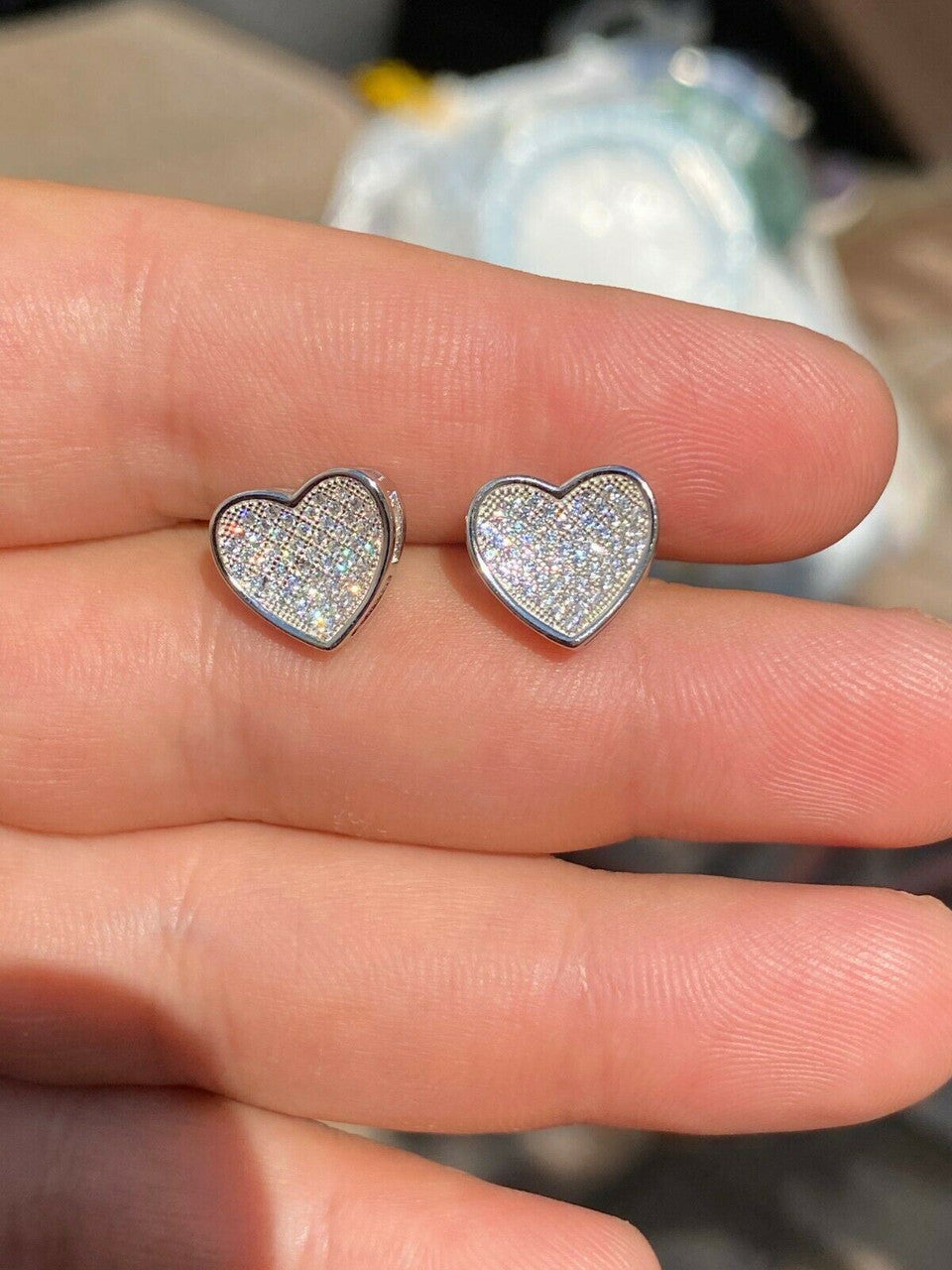 HarlemBling Real 925 Sterling Silver Heart Shaped Earrings Large Diamond Studs Iced Hip Hop