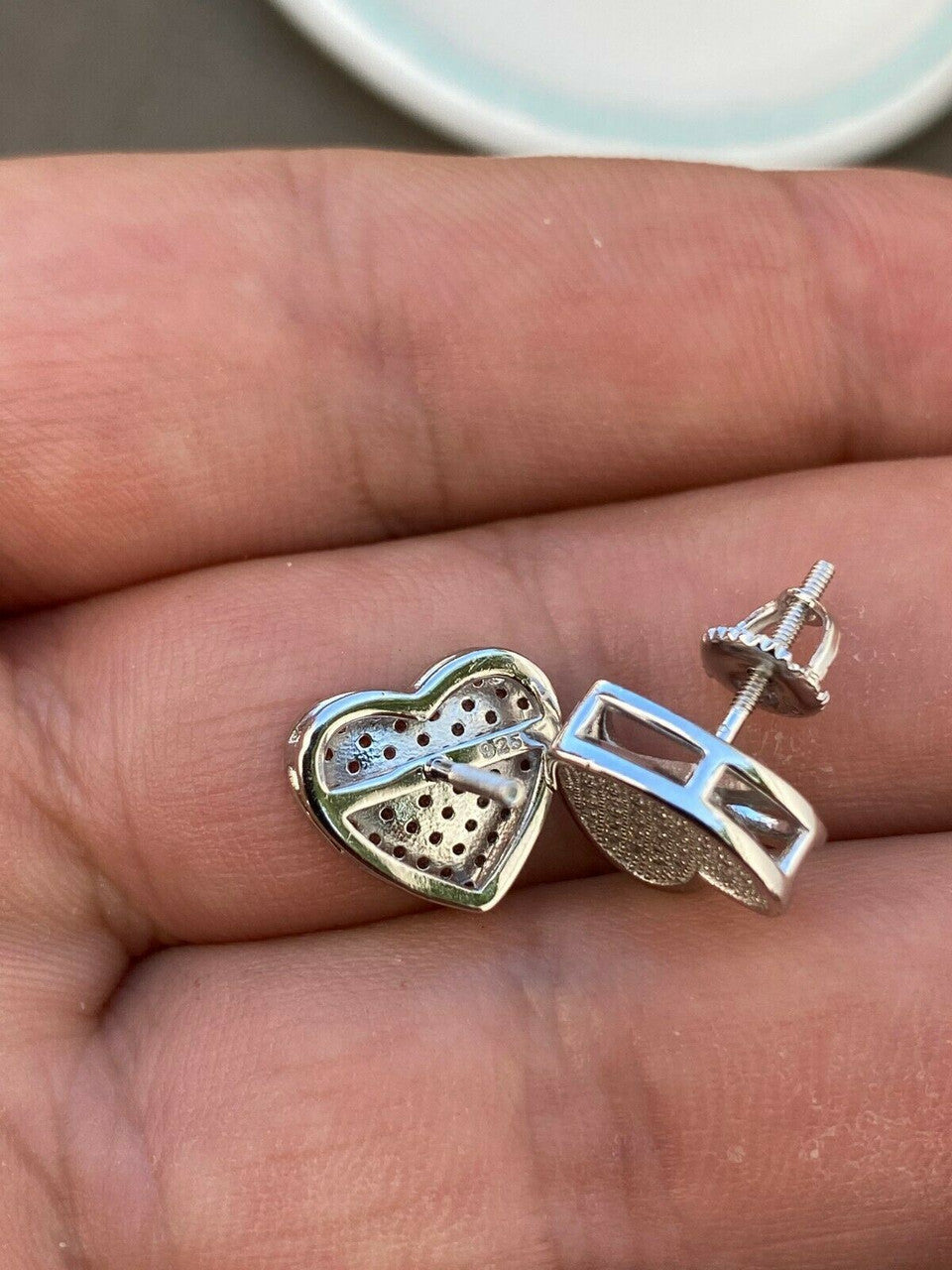 HarlemBling Real 925 Sterling Silver Heart Shaped Earrings Large Diamond Studs Iced Hip Hop