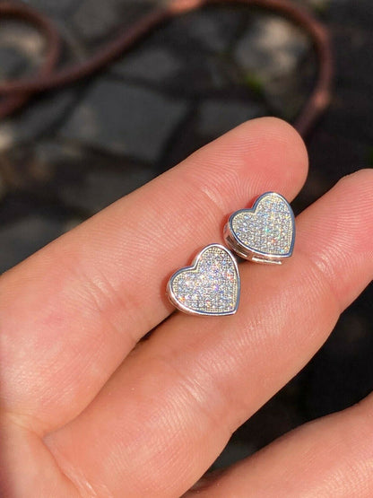 HarlemBling Real 925 Sterling Silver Heart Shaped Earrings Large Diamond Studs Iced Hip Hop