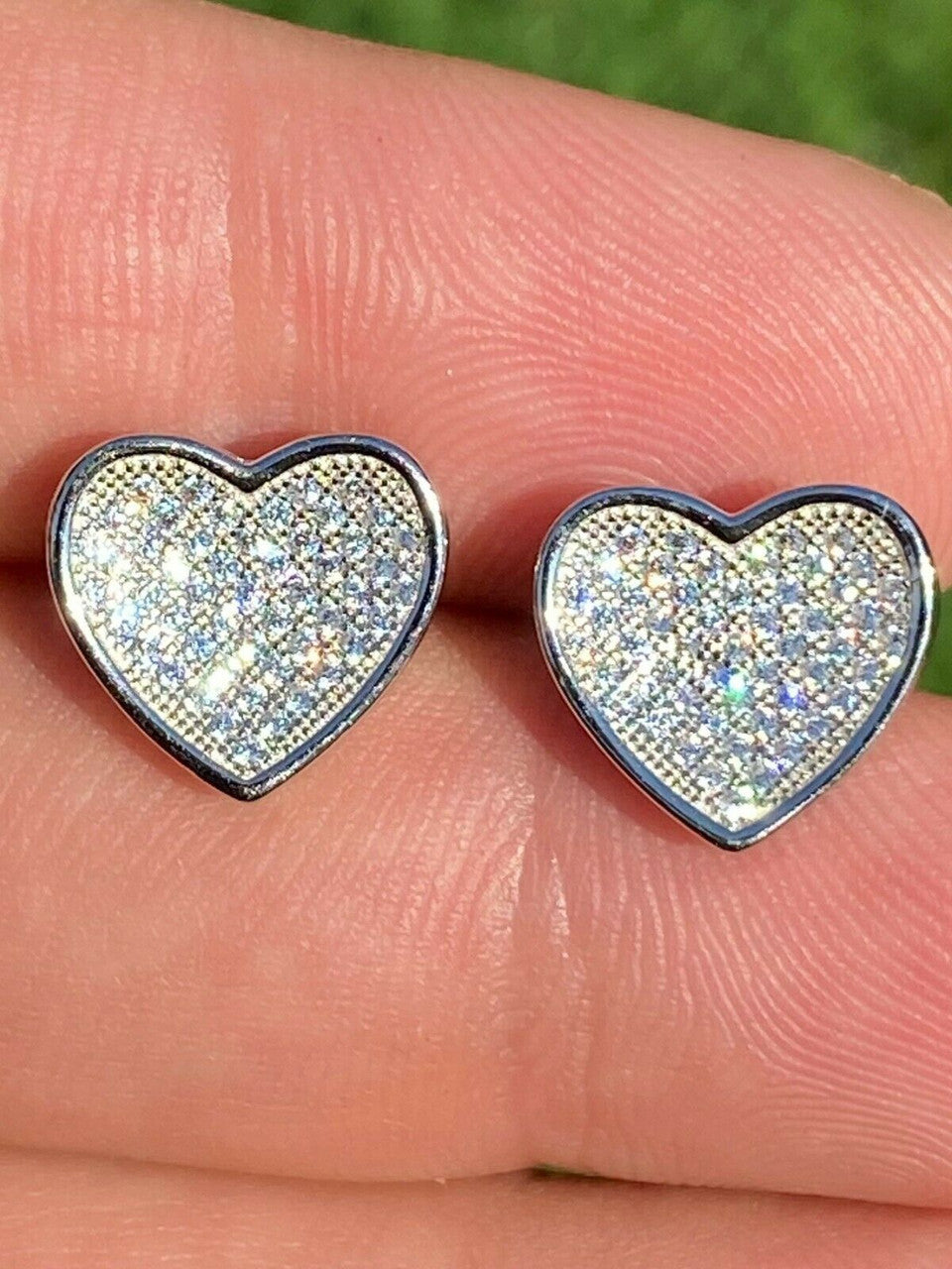 HarlemBling Real 925 Sterling Silver Heart Shaped Earrings Large Diamond Studs Iced Hip Hop