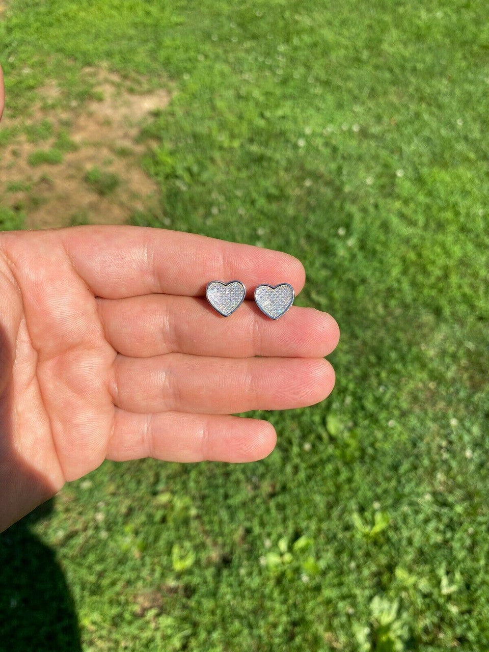 HarlemBling Real 925 Sterling Silver Heart Shaped Earrings Large Diamond Studs Iced Hip Hop