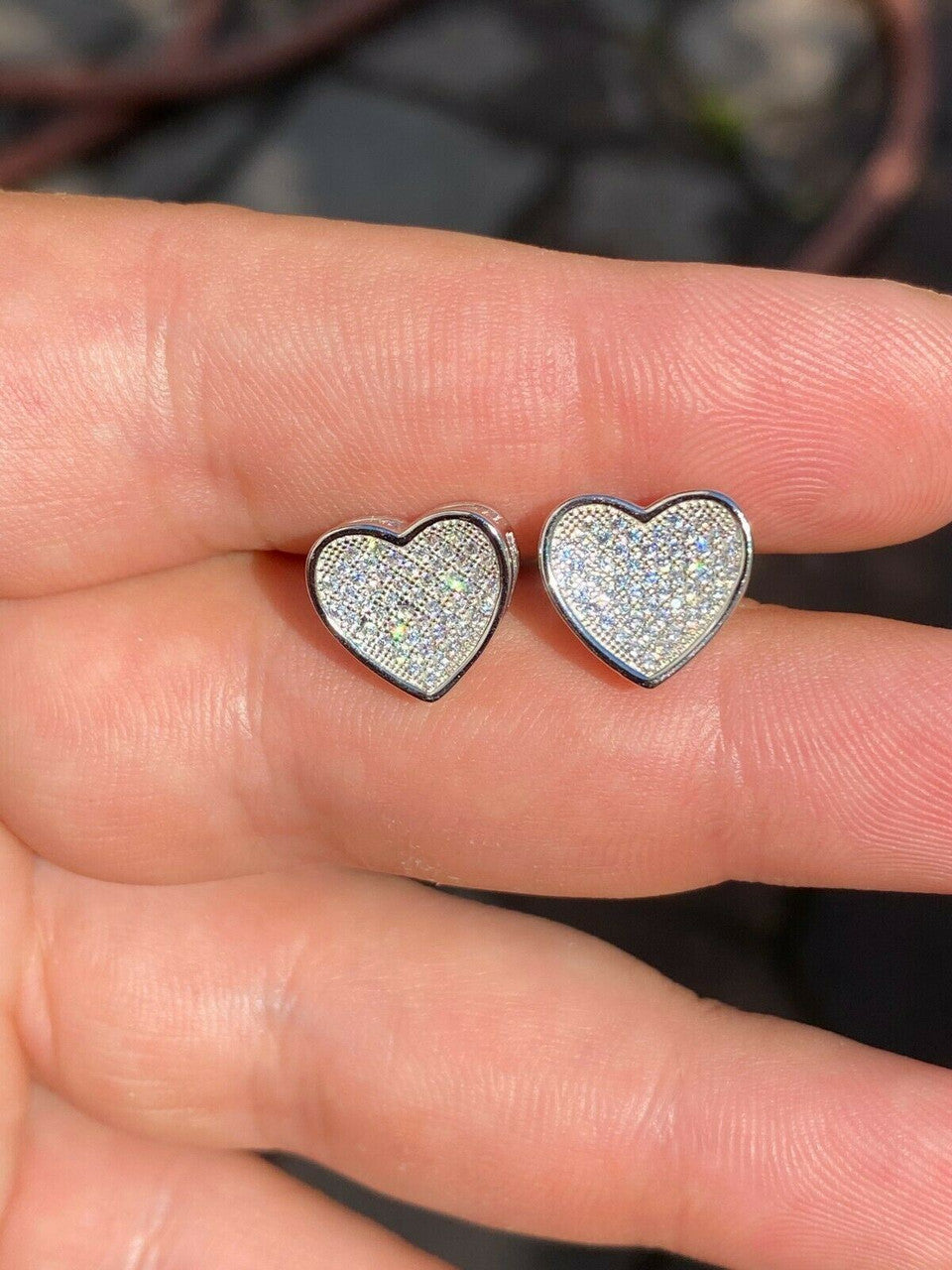 HarlemBling Real 925 Sterling Silver Heart Shaped Earrings Large Diamond Studs Iced Hip Hop