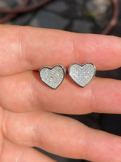 HarlemBling Real 925 Sterling Silver Heart Shaped Earrings Large Diamond Studs Iced Hip Hop