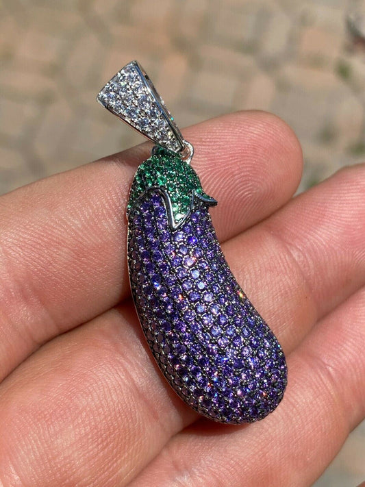 HarlemBling Real 925 Sterling Silver Hip Hop Eggplant Emoji Pendant Necklace Iced 2 Big