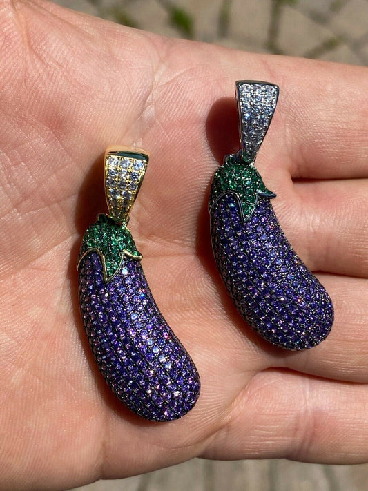 HarlemBling Real 925 Sterling Silver Hip Hop Eggplant Emoji Pendant Necklace Iced 2 Big
