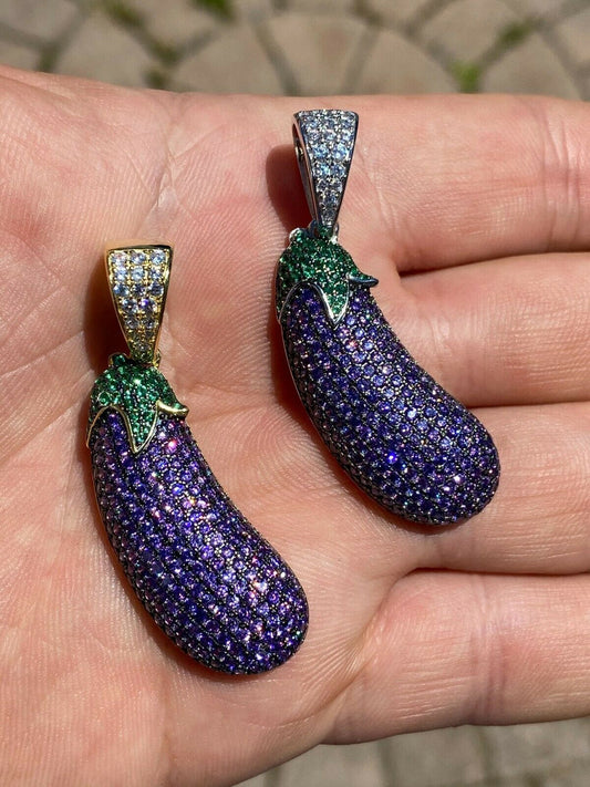 HarlemBling Real 925 Sterling Silver Hip Hop Eggplant Emoji Pendant Necklace Iced 2 Big