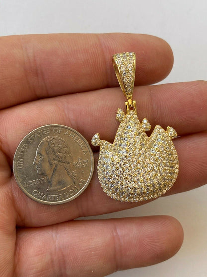 HarlemBling Real 925 Sterling Silver Hip Hop Fire Emoji Pendant Necklace Iced Flame