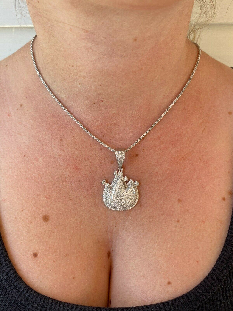 HarlemBling Real 925 Sterling Silver Hip Hop Fire Emoji Pendant Necklace Iced Flame