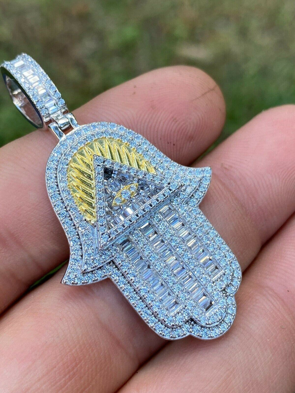 HarlemBling Real 925 Sterling Silver Hip Hop Hamsa Hand Masonic Pyramid Pendant Iced Diamond