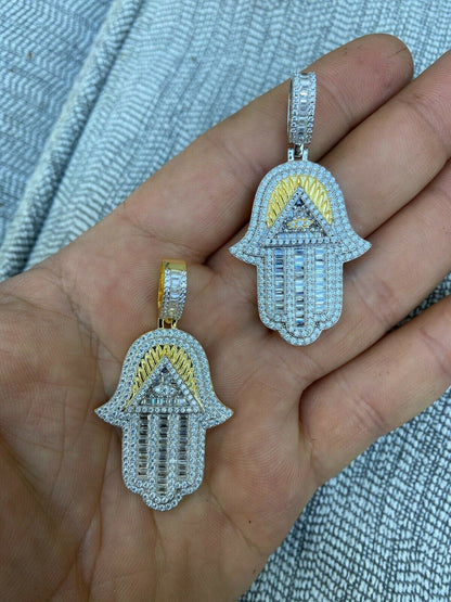 HarlemBling Real 925 Sterling Silver Hip Hop Hamsa Hand Masonic Pyramid Pendant Iced Diamond
