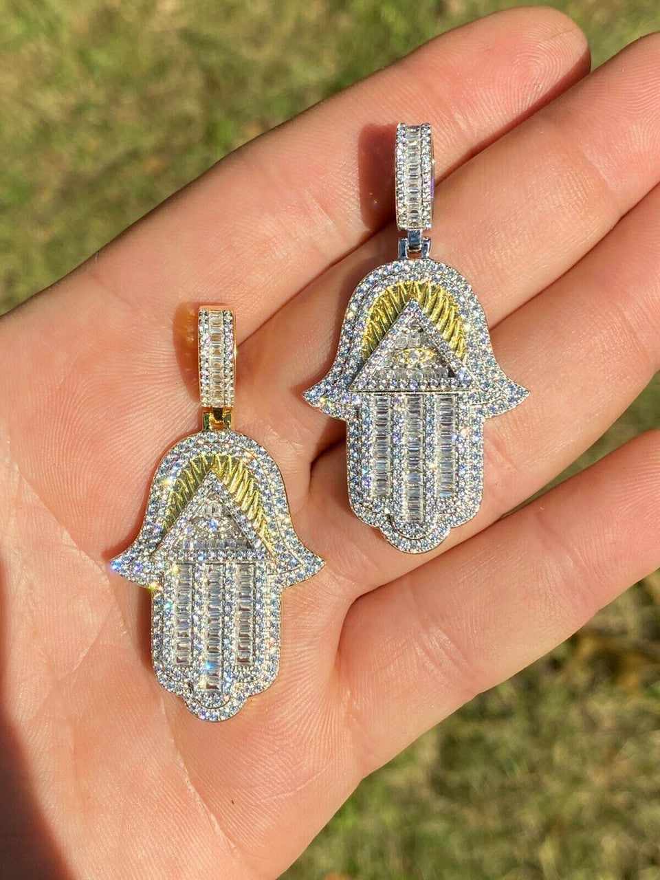 HarlemBling Real 925 Sterling Silver Hip Hop Hamsa Hand Masonic Pyramid Pendant Iced Diamond