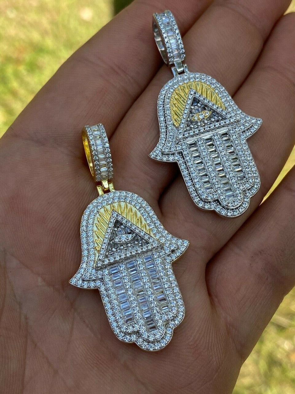 HarlemBling Real 925 Sterling Silver Hip Hop Hamsa Hand Masonic Pyramid Pendant Iced Diamond