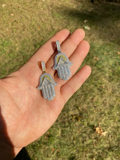 HarlemBling Real 925 Sterling Silver Hip Hop Hamsa Hand Masonic Pyramid Pendant Iced Diamond