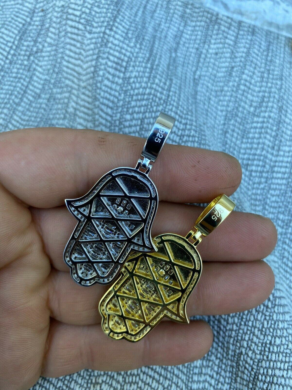 HarlemBling Real 925 Sterling Silver Hip Hop Hamsa Hand Masonic Pyramid Pendant Iced Diamond