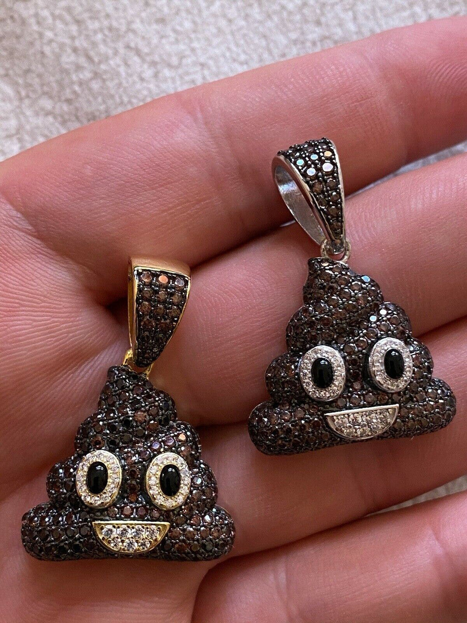HarlemBling Real 925 Sterling Silver Hip Hop Poop Emoji Pendant Necklace Iced Diamond 1