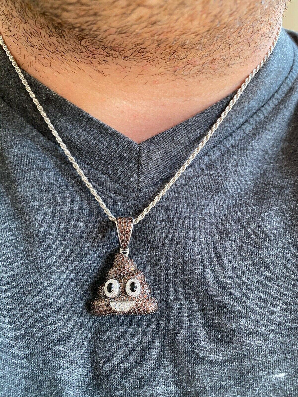 HarlemBling Real 925 Sterling Silver Hip Hop Poop Emoji Pendant Necklace Iced Diamond 1