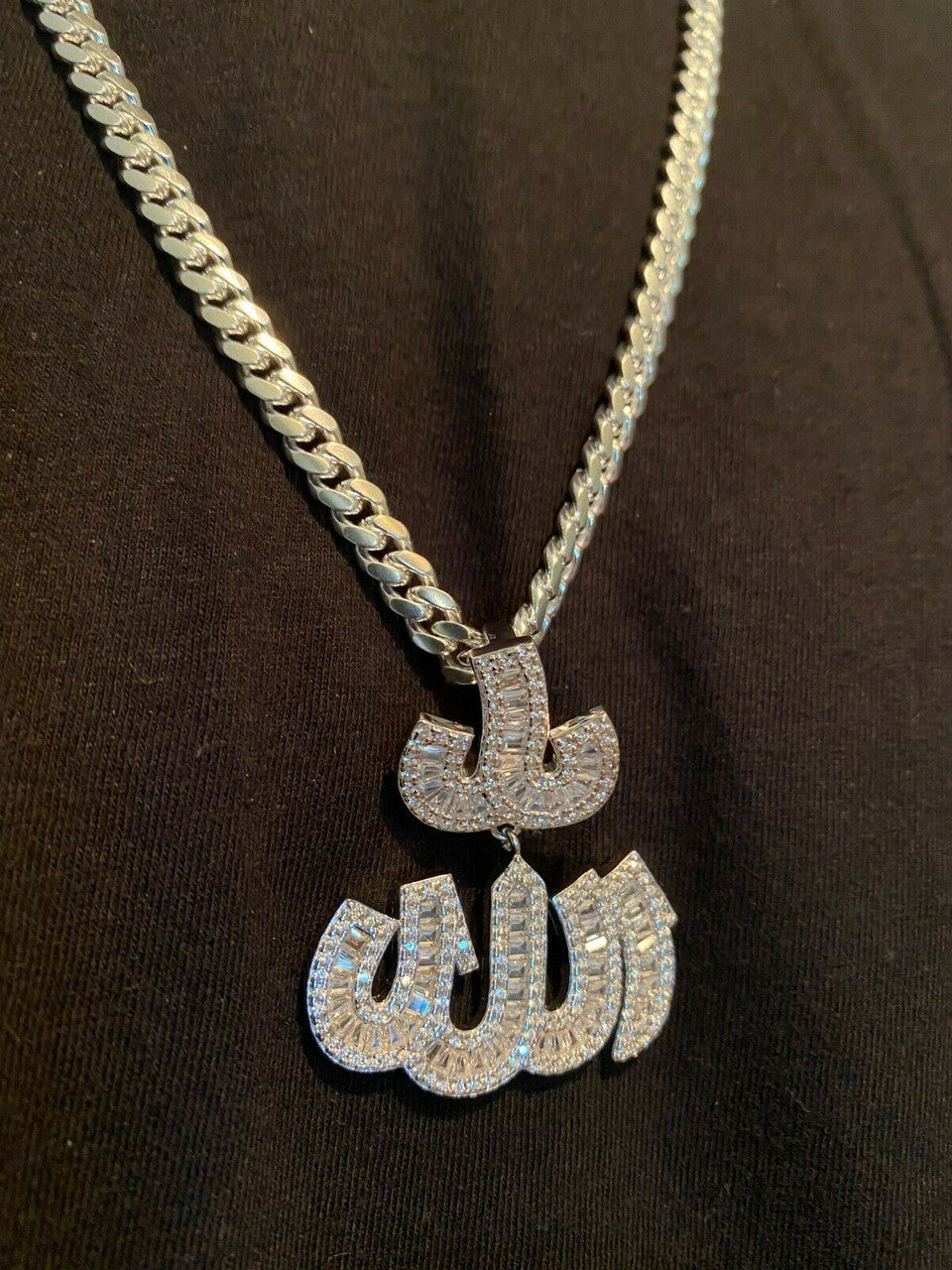 HarlemBling Real 925 Sterling Silver Iced Baguette Men Diamond Allah Arabic Pendant Necklace