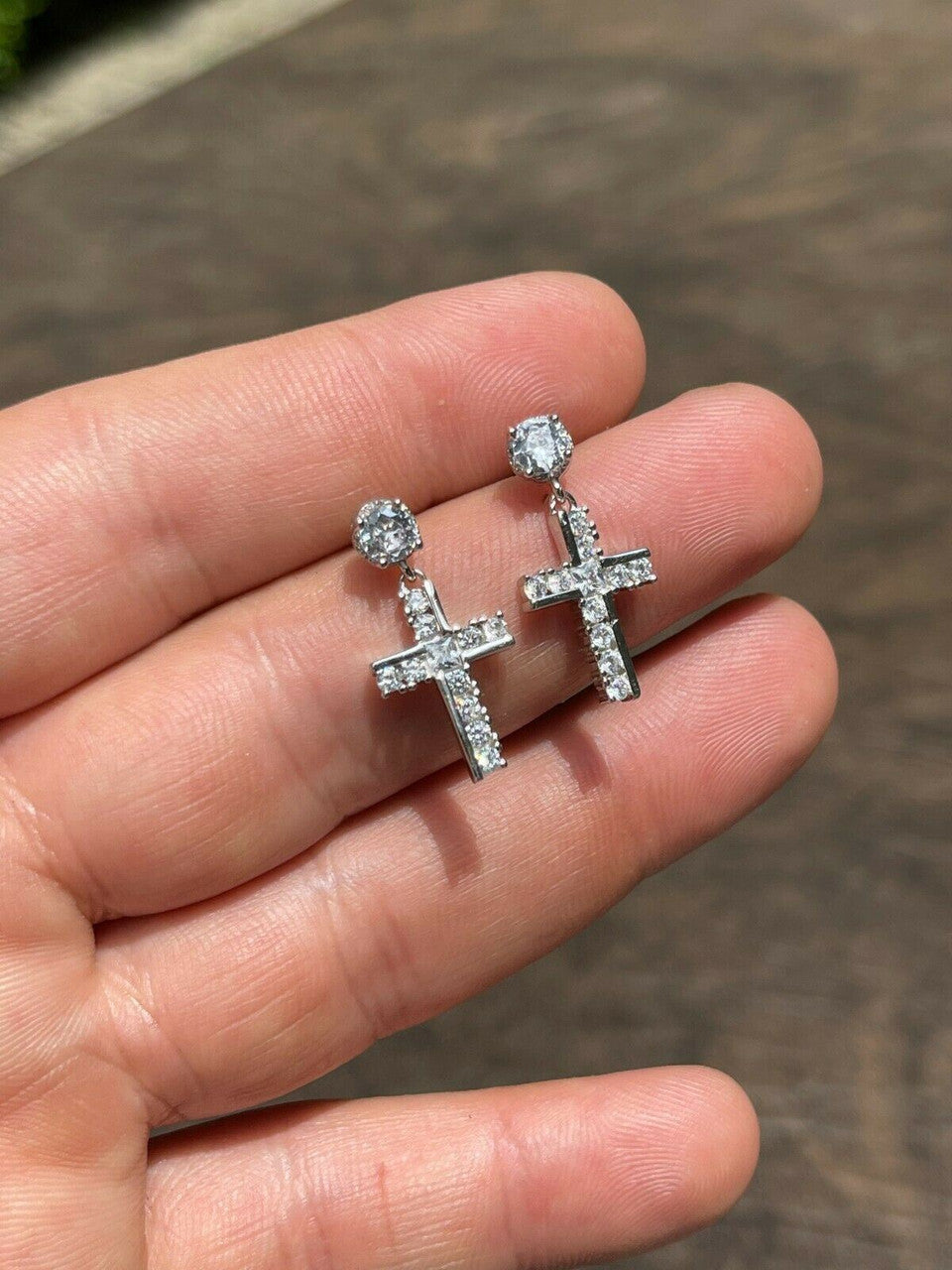 HarlemBling Real 925 Sterling Silver Iced Cross Dangle Drop Earrings Diamond Studs Hip Hop