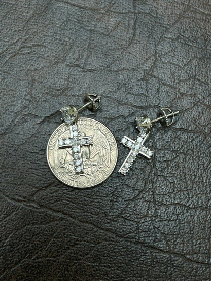 HarlemBling Real 925 Sterling Silver Iced Cross Dangle Drop Earrings Diamond Studs Hip Hop