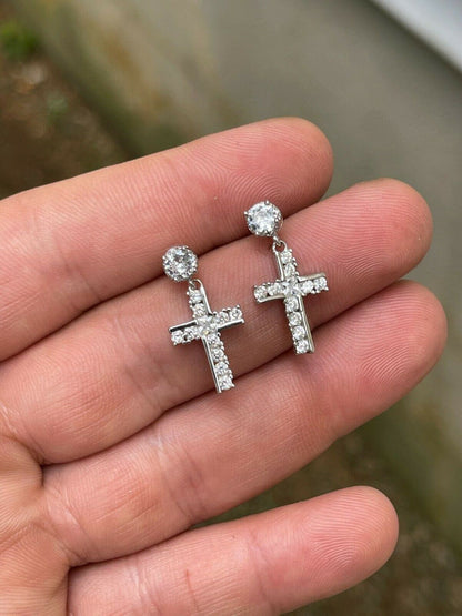 HarlemBling Real 925 Sterling Silver Iced Cross Dangle Drop Earrings Diamond Studs Hip Hop