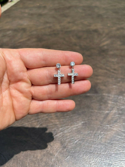 HarlemBling Real 925 Sterling Silver Iced Cross Dangle Drop Earrings Diamond Studs Hip Hop