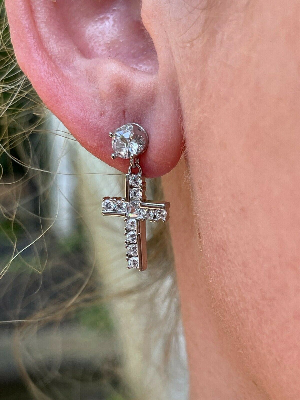 HarlemBling Real 925 Sterling Silver Iced Cross Dangle Drop Earrings Diamond Studs Hip Hop