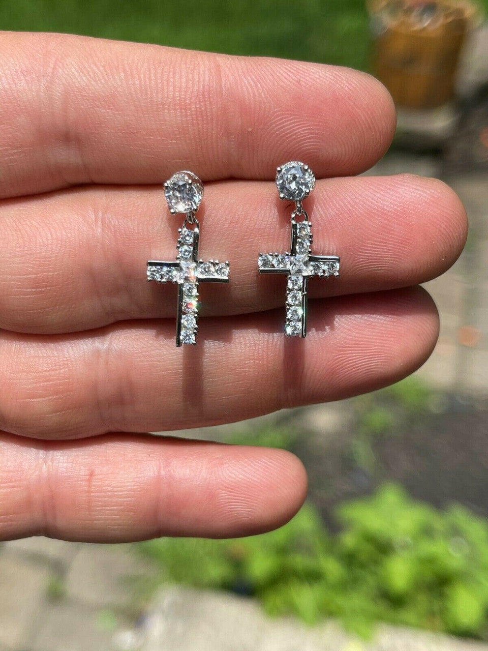 HarlemBling Real 925 Sterling Silver Iced Cross Dangle Drop Earrings Diamond Studs Hip Hop