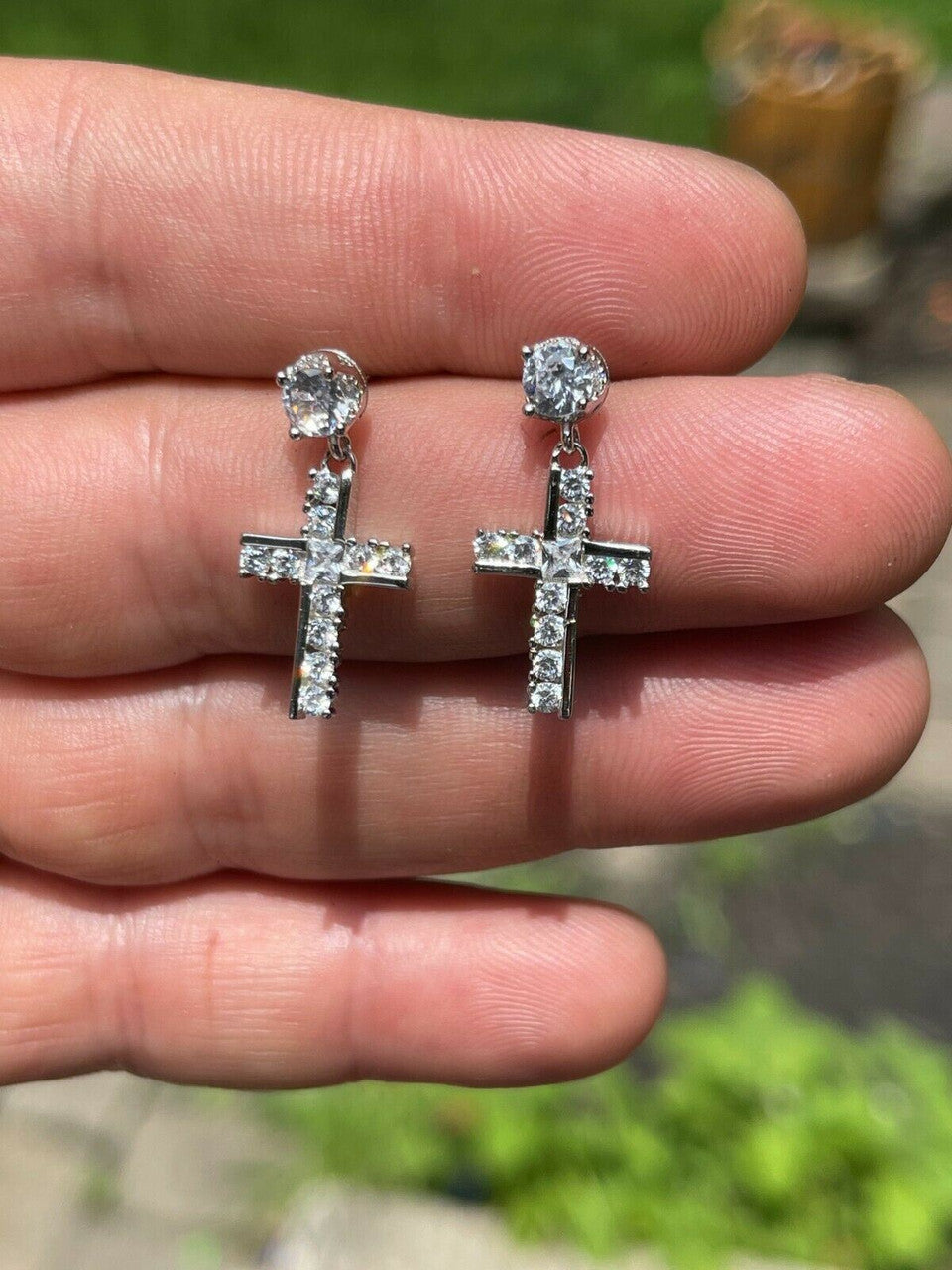 HarlemBling Real 925 Sterling Silver Iced Cross Dangle Drop Earrings Diamond Studs Hip Hop