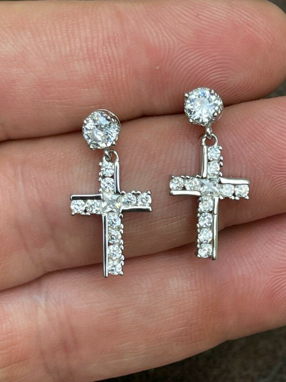 HarlemBling Real 925 Sterling Silver Iced Cross Dangle Drop Earrings Diamond Studs Hip Hop