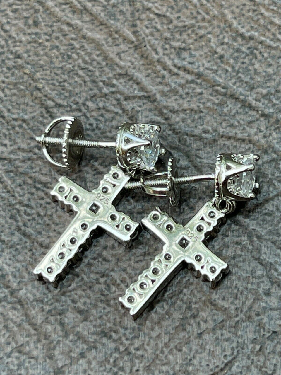 HarlemBling Real 925 Sterling Silver Iced Cross Dangle Drop Earrings Diamond Studs Hip Hop