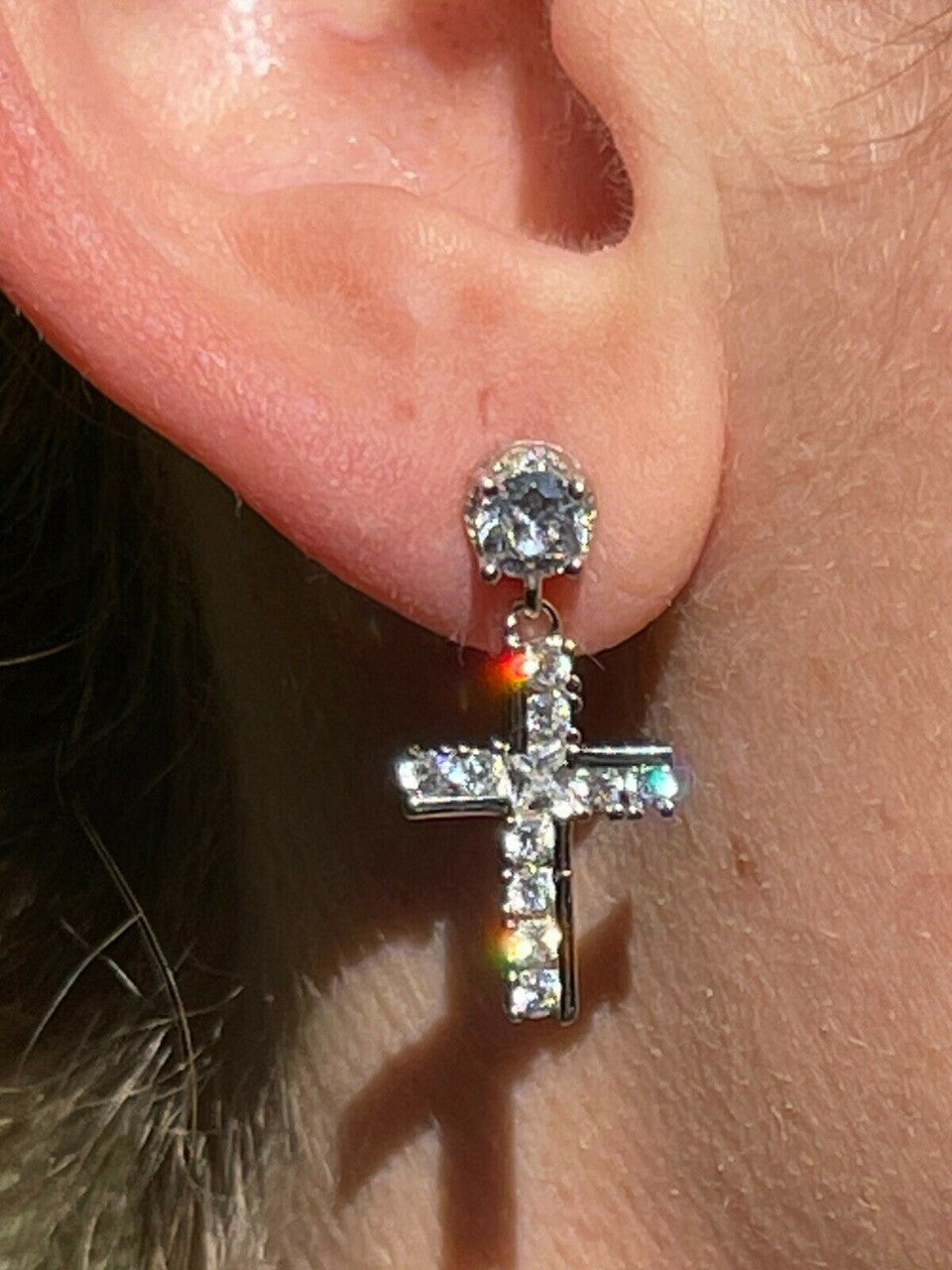 HarlemBling Real 925 Sterling Silver Iced Cross Dangle Drop Earrings Diamond Studs Hip Hop