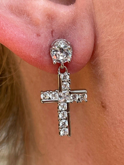 HarlemBling Real 925 Sterling Silver Iced Cross Dangle Drop Earrings Diamond Studs Hip Hop
