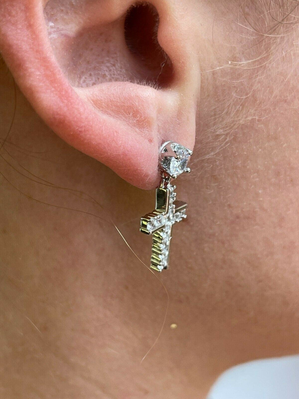 HarlemBling Real 925 Sterling Silver Iced Cross Dangle Drop Earrings Diamond Studs Hip Hop