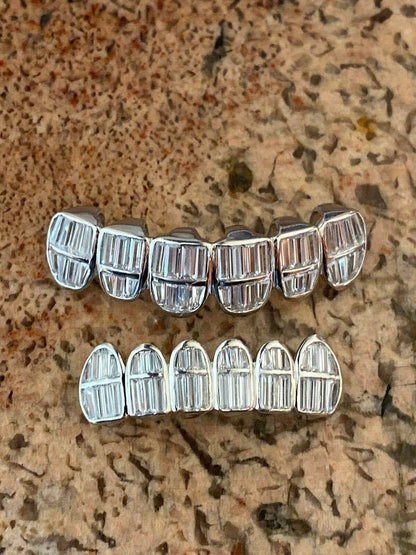 HarlemBling Real 925 Sterling Silver ICED Diamond Baguette GRILLZ Teeth Top and Bottom Set ICY