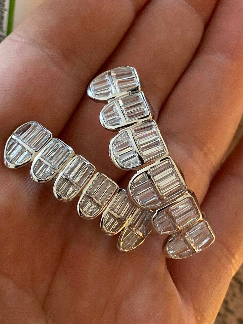 HarlemBling Real 925 Sterling Silver ICED Diamond Baguette GRILLZ Teeth Top and Bottom Set ICY