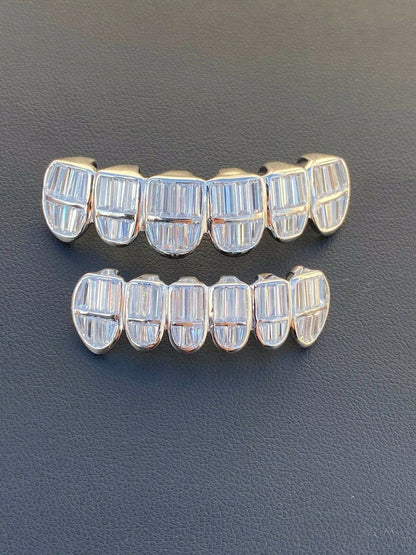 HarlemBling Real 925 Sterling Silver ICED Diamond Baguette GRILLZ Teeth Top and Bottom Set ICY