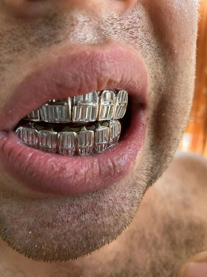 HarlemBling Real 925 Sterling Silver ICED Diamond Baguette GRILLZ Teeth Top and Bottom Set ICY