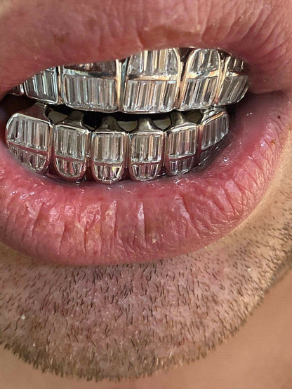 HarlemBling Real 925 Sterling Silver ICED Diamond Baguette GRILLZ Teeth Top and Bottom Set ICY