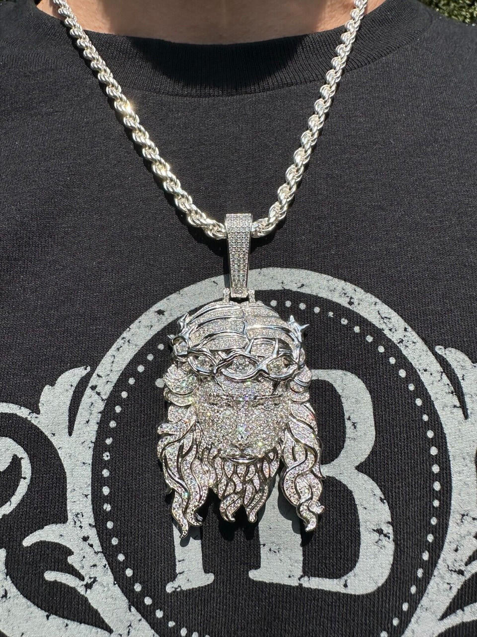 Real 925 Sterling Silver Iced Hip Hop Jesus Piece Pendant Necklace