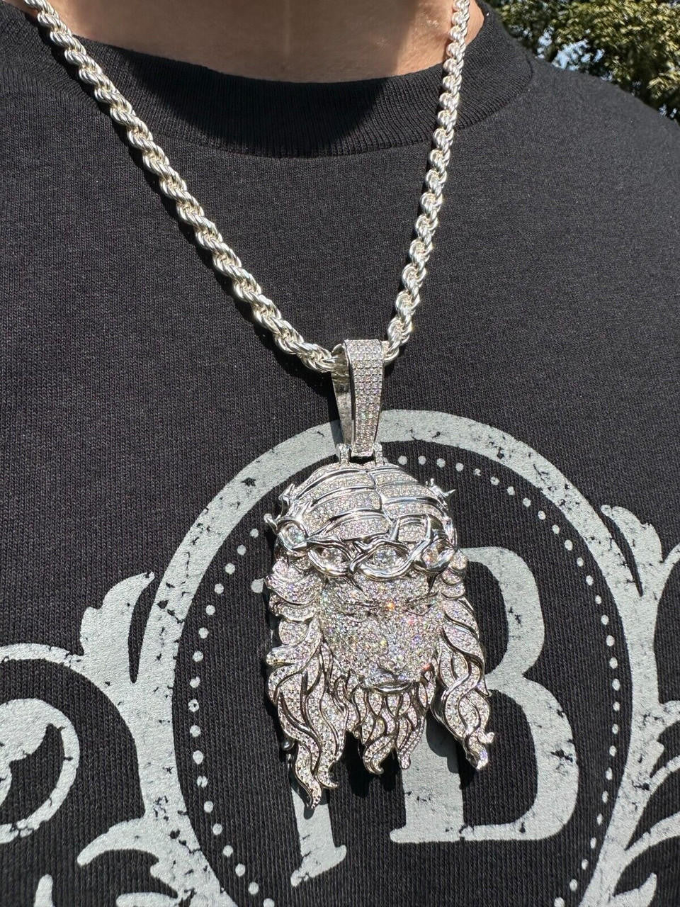 HarlemBling Real 925 Sterling Silver Iced Hip Hop Jesus Piece Pendant Necklace Solid Back
