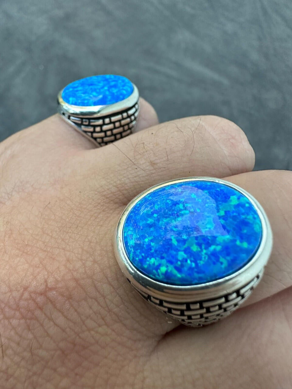 HarlemBling Real 925 Sterling Silver Lab Created Fire Blue Opal Gem Stone Ring Large Mens